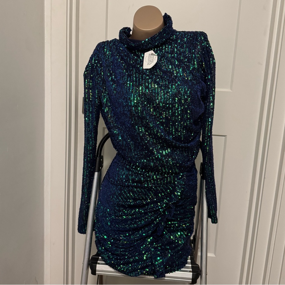NWT Blue/Green Sequin Mock Neck Dress